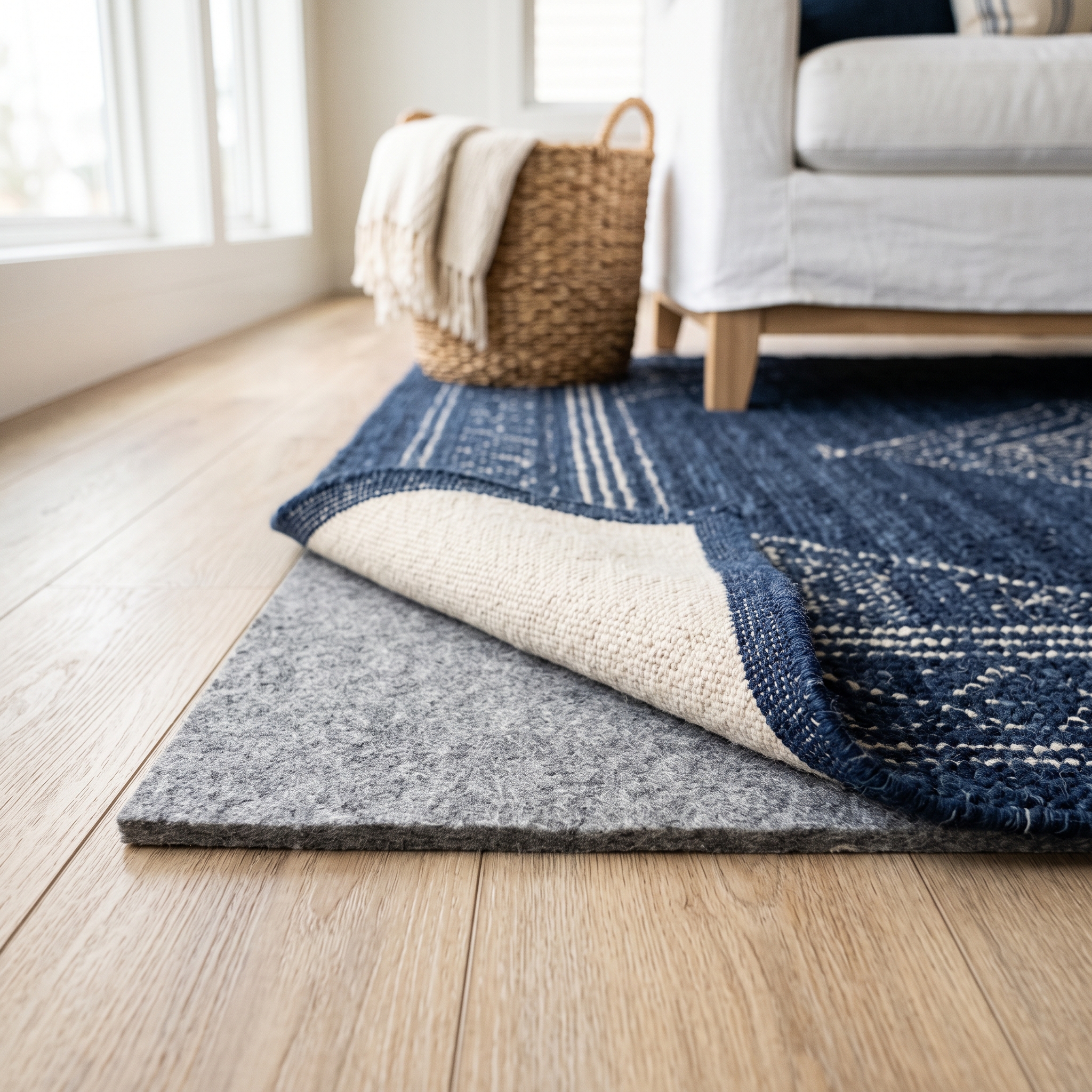 Wool rug folded back to show a gray felt rug pad on a light oak luxury vinyl plank floor
